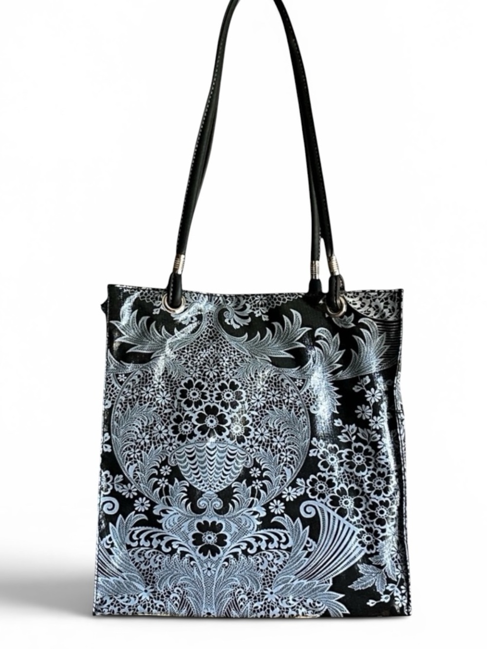 Fleebags Oilcloth Tote Bag in Gray and Black Damask Print